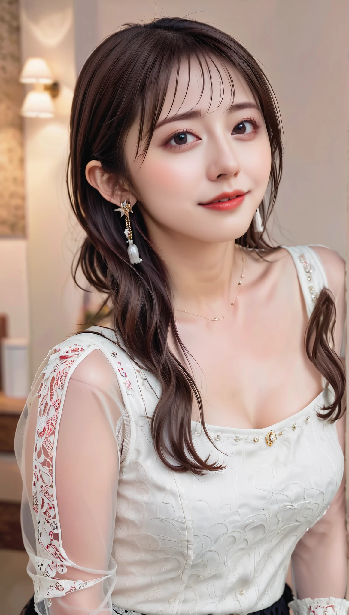 1 female, Beautiful Japanese actresses, Age 25, Double Eye,mile, Detailed face, Big earrings,Large Necklace, Flashy makeup using red eyeshadow,light brown delicate middle cut hair,The tips of the hair are wavy,Classy hairstyle,Fine grain,Slender actress, Large breasts, valley, Small hips, Side Bust Barbosa), Sexy silk embroidered mermaid dress:1.2), break long black hair, BREAK ceremony, Red carpet, Official Art,Highly detailed CG Unity 8k wallpaper, (masterpiece:1.0),(highest quality:1.0), photo shoot, 8k, Browsing Caution, High resolution, Kodak Portrait 400, Film Grain, Lens flare brilliance,Show Viewer, View from the front