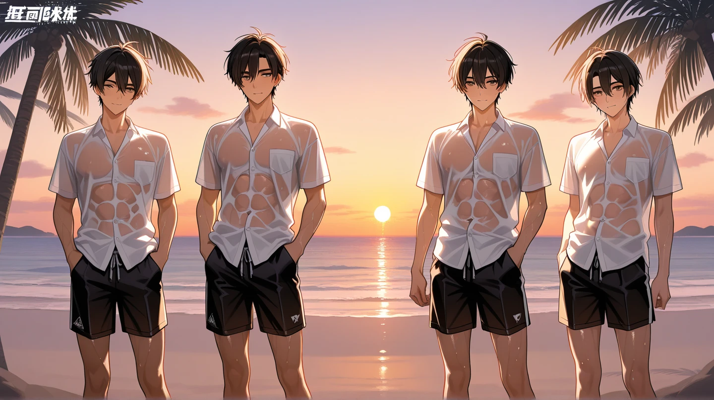 masterpiece,best quality,high quality,(1 male austere handsome solo adult age 30 years old:1.5), purple eyes, cool with suspended eyes, V-shaped eyebrows, body strong and fearless 8.5 head tall, height 185cm,(well-groomed black short hair down to neck:1.4),(bangs in three (parted bangs:1.4), slender nose, facial muscles, throat, (pectoral muscles :1.3), (rectus abdominis), (swim shorts:1.3), (stylish pose), (cool smile:1.3), (background waterfall forest:1.3) , (sunset:1.3)