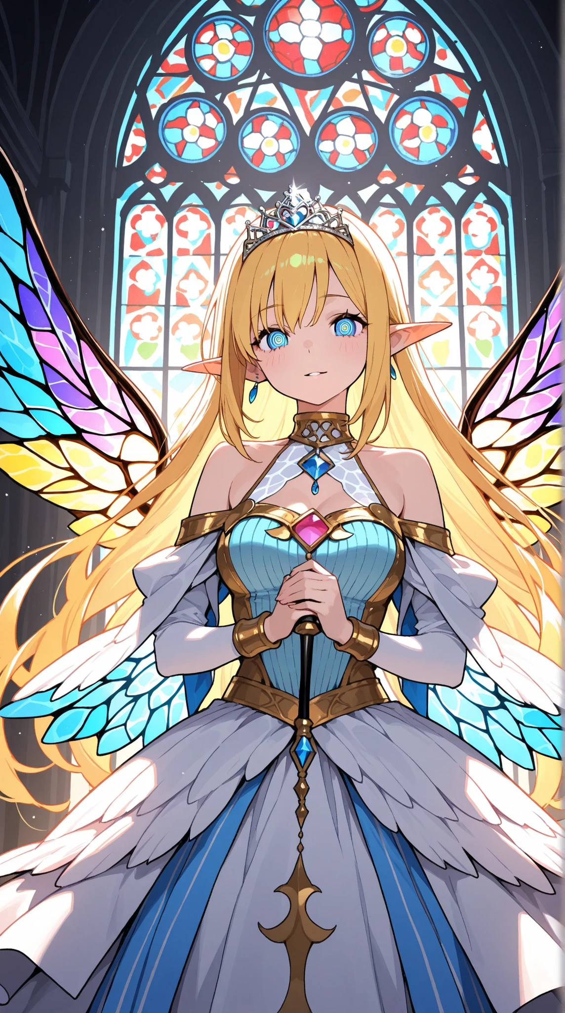 female, pointed ears, Long Eyes, Stained Glass Wings , jewelry tiara,