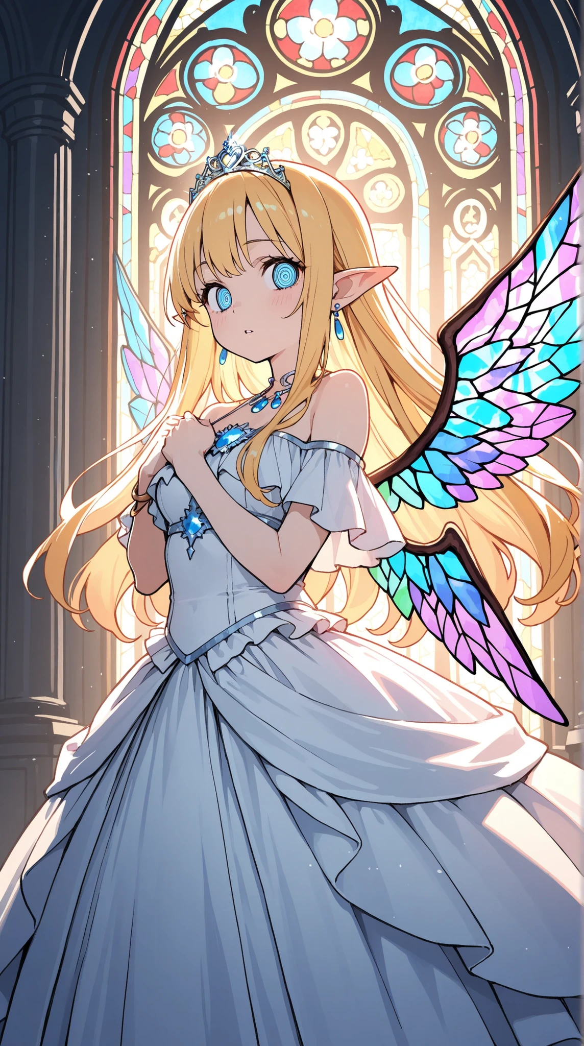 female, pointed ears, Long Eyes, Stained Glass Wings , jewelry tiara,