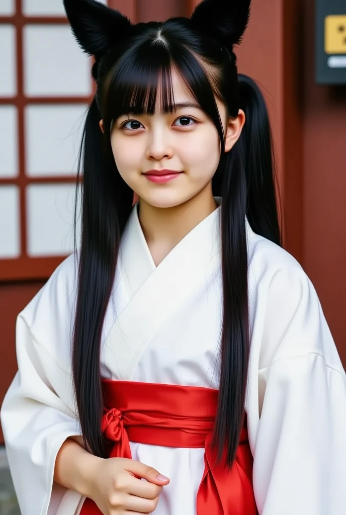Elementary school girl with long black hair wearing Japanese mythology costume