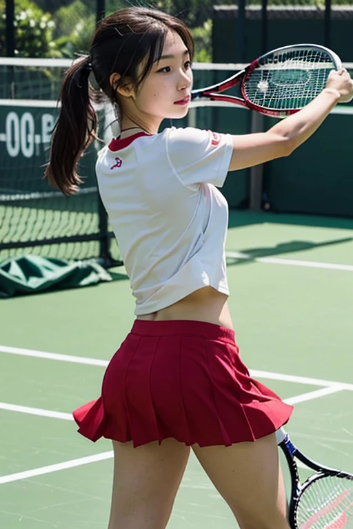 Best-quality, Masterpiece, Ultra-High-Resolution, (Photorealistic:1.4), Raw-Photo, 1girl, 15-years-old, the most famous Japanese idol, playing tennis at tennis-courtwearing tennis-uniform with cute-design, upturned ass wearing tennis-bloomers, extremely beautiful thighs, extremely beautiful ass wearing tennis-bloomers, extremely beautiful black-short-cut-haired, extremely cute face like the most popular Japanese idol, ((extremely beautiful big-black-eyes)), extremely beautiful skins, extremely beautiful body, dynamic-pose, innocent smile, detailed tennis-uniform-with-cute-design