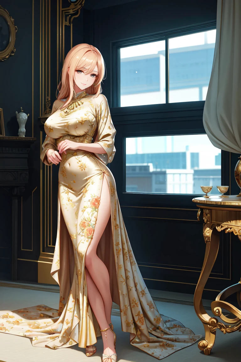 Mature lady, golden eyes, blonde curly hair, big, black and gold dress, necklace, drop hanging earrings, long earrings, red lipstick, detailed eyes, bare feet, hair bun, chinese style bedroom, traditional wear, sexy attractive, hot black fur robe, middle age, traditional,