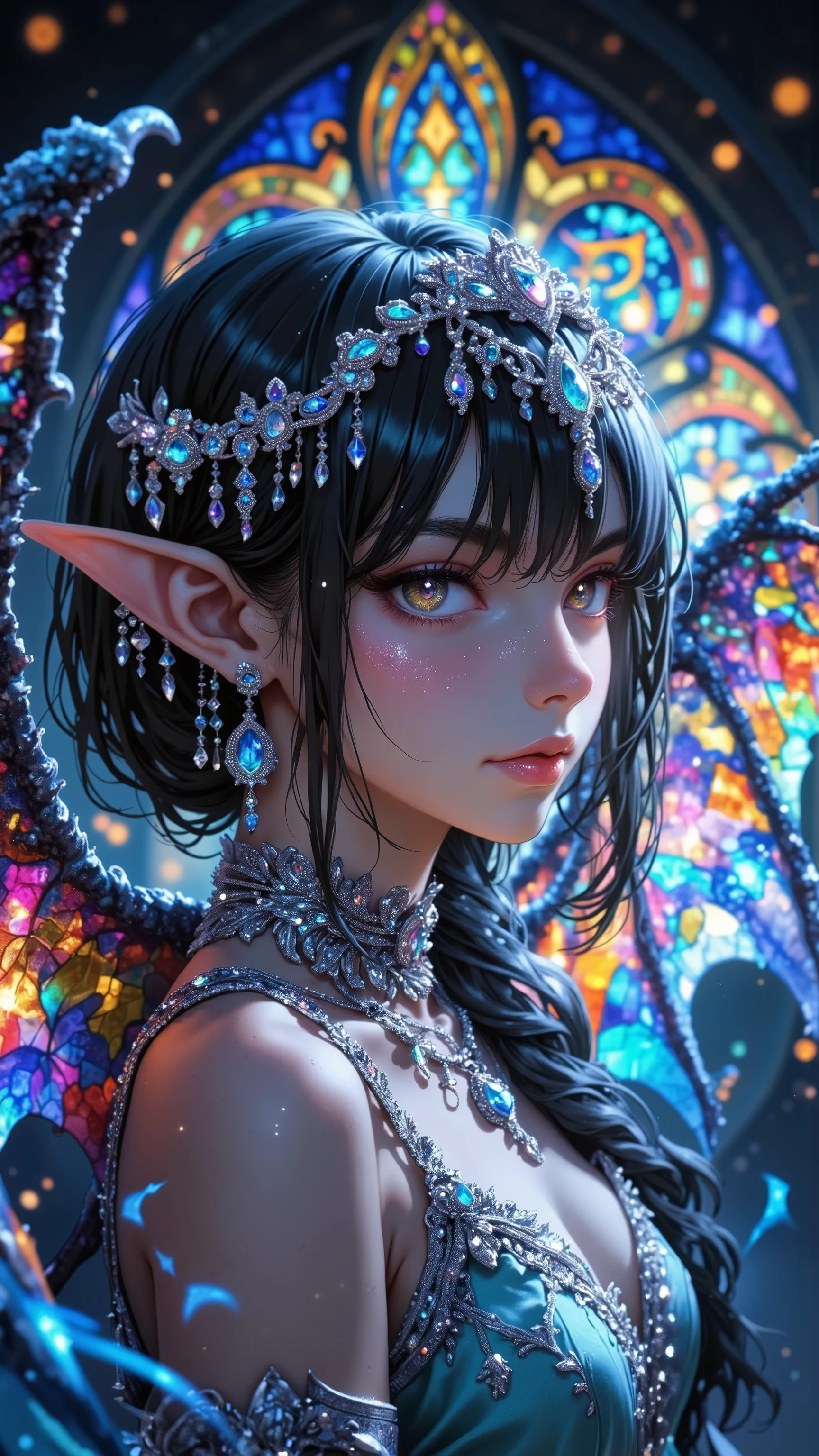 female, pointed ears, Long Eyes, Stained Glass Wings , jewelry tiara, 