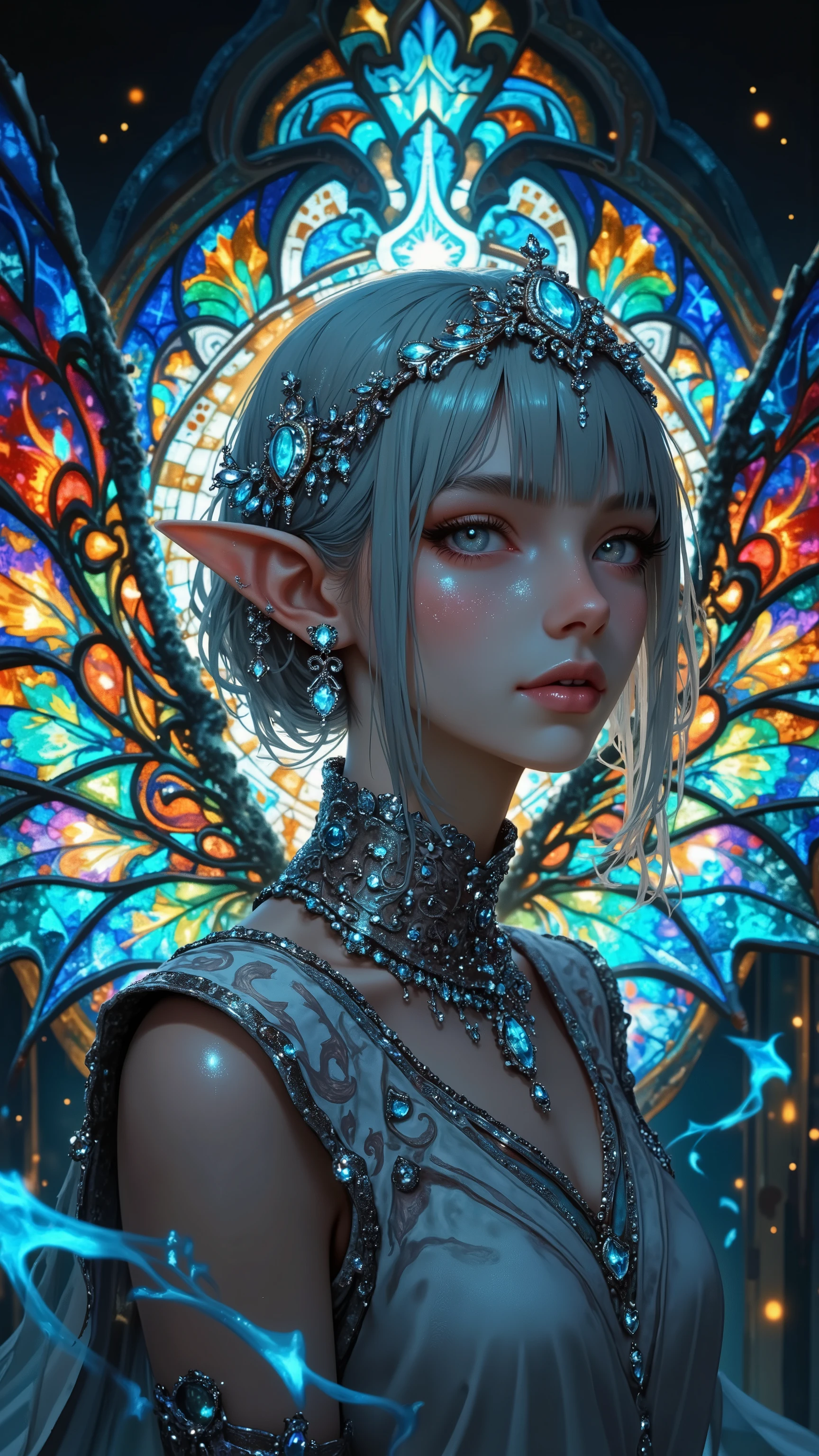 female, pointed ears, Long Eyes, Stained Glass Wings , jewelry tiara, 