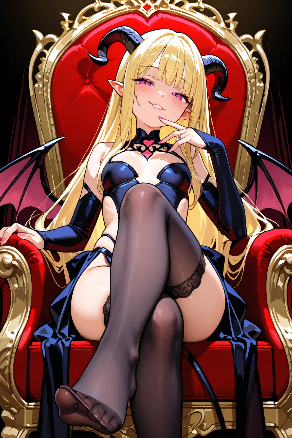 Score_9, score_8_up, 4k, 8k, detailed face, source_anime, smug vampire girl with small breasts, young girl, skimpy outfit, ass, pert ass, thick thighs, presenting ass, blonde hair, long hair, (mina tepes), (dance in the vampire bund)