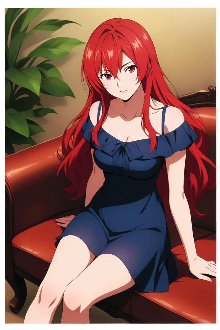 Rias Gremory from anime DxD with blue eyes is sitting on armchair