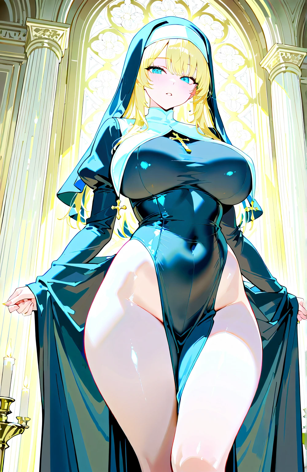 ​masterpiece, top-quality,, (face tsunade perfect:1.1) , (high detailing:1.1), Curvaceous, Wide waist, s lips,、(Colossal tits:1.3)、cleavage of the breast、(thick thight:1.1)、Bites into the skin、Big lips、nun、green Bikini、red blush、be bothered