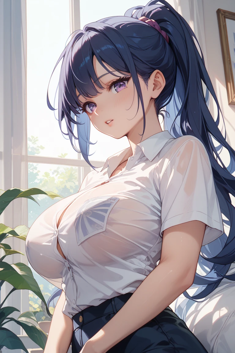 Masterpiece、最high quality、high quality、High definition、High resolution、High detail、Lens flare、Ray Tracing、high qualityのテクスチャー、high qualityの影、Beautiful details、Detailed explanation、Detailed texture、Realistic facial expression、Realistic and colorful、Slender、Cinematic Light、Side light、Sharp Focus、(1 Girl:1.3)、(Intricate details、Makeup、Pure Eros Face_v1:0.5)、(Details Beautiful delicate face、Detailed beautiful delicate eyes、Perfect Facial Proportions、Detailed skin、Charm)、Fancy Twin Tails、Beautiful bangs、(Two-tone gradient hair color)、slender、(Upturned beautiful breasts)、Dress shirt、Crop top、Removing the Sleeve、(Detailed crotch、Open crotch、Showing off your crotch)、Female juice、Have a strong orgasm、A slipped white thong、Thighs、mini skirt、Flip up、High slit、Navy blue socks、sneakers、Kneeling、(Leg spread)、(Raise your arms)、(Take a deep breath、Work on this image step by step)