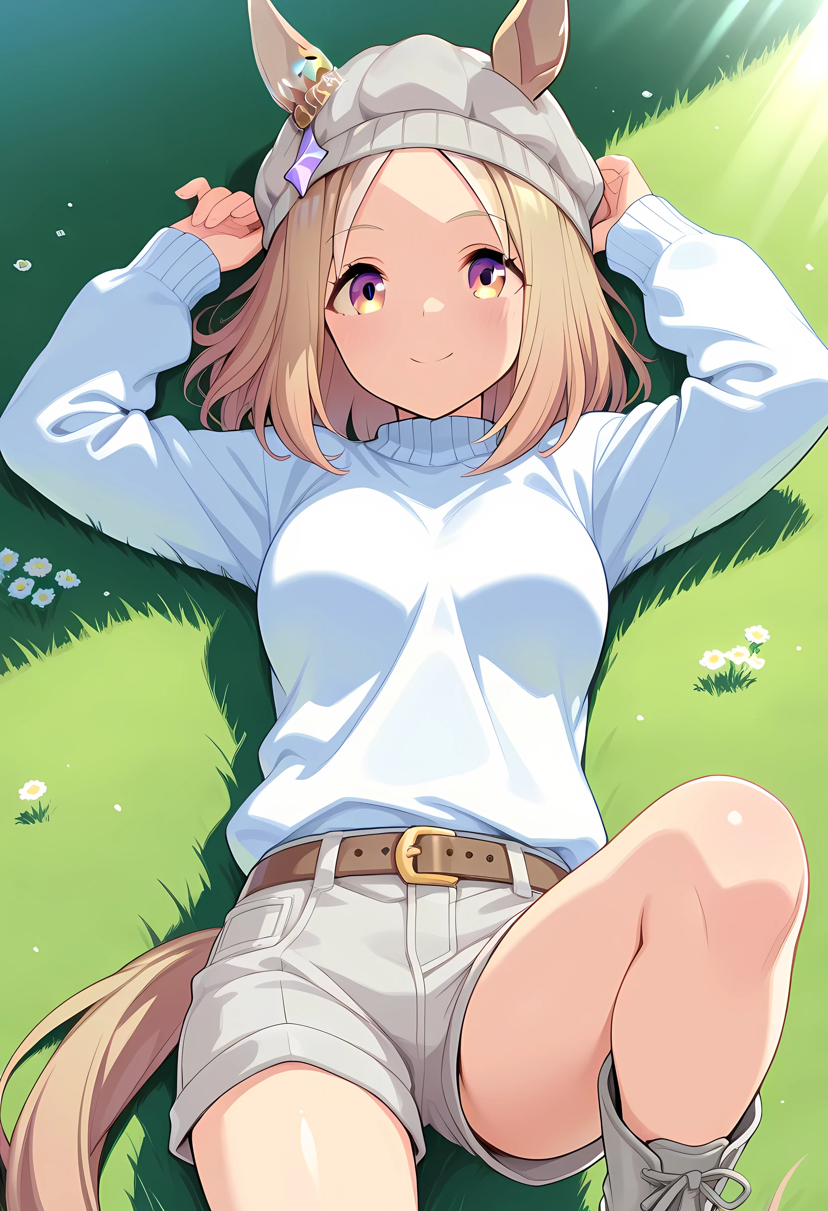 narita top road \(umamusume\),grey boots, horse tail, grey shorts, horse ears, beanie, long sleeves, medium hair, sweater, ears through headwear, belt, , star hair ornament, grey headwear, blue camisoleCelestial road,(((masterpiece))),(((detailed)))((best quality)),((hyper detailed)),(beautiful),((shinythighs)),(((shiny skin))),(high quality skin),((8k)),((high resolution)), floating hair,lying on back,knee up,smile and little blush, close mouth, day, grass, field, spring, natural lighting, sunbeams, afternoon light, bright light, direct light, light sparkles, god rays, from side, high angle, close-up, cowboy shot, looking at viewer, anime girl, solo,