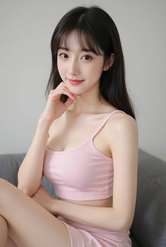 (​masterpiece:1.3), (8K, Photorealsitic, Raw photography、Top image quality: 1.4)、Japanese high school girl、Pastel pink Hair、(Random hairstyles:1.2)、Small breasts、Super Detail Face、Eye of Detail、double eyelid、Bring your chest together、sharp focus:1.2、prety woman:1.4、Perfect skin、shiny skin、top-quality、​masterpiece、 high resolution、(Photorealsitic:1.4)、Highly detailed and professional lighting smile、wearing pink crop top、Pink mini skirt、Slender、Light smile、Short hair、laying on the bed casually、looking at camera, in a pink colored room、bookshelf in the background、nightstand、window with sunlight shining in illuminating the room
