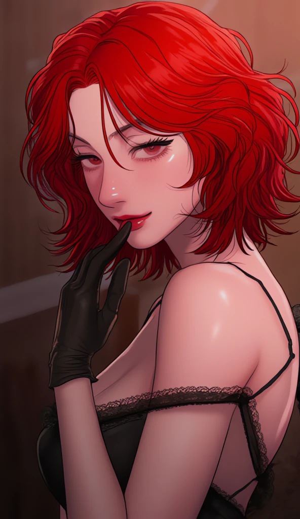 woman, curly red hair in pig tails, green eyes, eye shadow, black hoodie, black finger-less gloves, exposed shoulders, large breasts, freckles, cleavage, fishnet undershirt, looking at viewer, Holo-Punk Style, goth, earrings, eyelashes, makeup, solo, tattoo, punk aesthetic, cinematic lighting, masterpiece, best quality, face close up, sticking tongue out, split tongue, two fingers