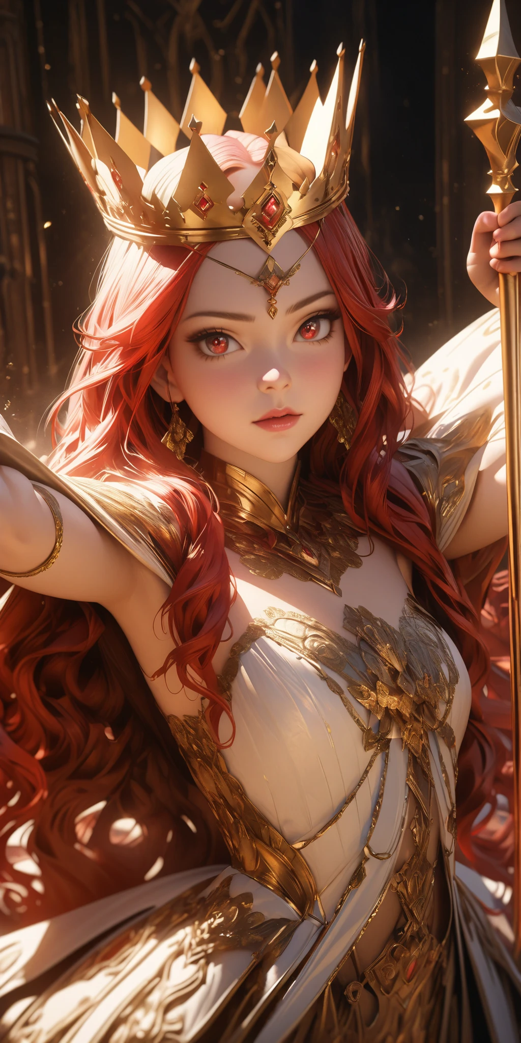 young Dragon-Girl, deep red hair, big hair, portrait, serious face, small breast, heterochromia, one yellow eye, Princess of Dragons, Dynasty of fire
