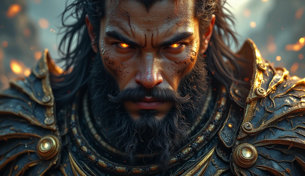 (Painting:1.3) of (Detailed illustration:1.3) A (full body:1.3) shot at 8k resolution, splash art, fantastic comic book style, photorealistic, intense look, anatomical photorealistic digital painting portrait of a (old male:1.3) human (warrior:1.3) in black and gold intricate (heavy armor:1.3) in a (dark and moody universe:1.3), light particle, very detailed skin,samurai, very detailed eyes, (elden ring style:1.3), (warhammer style:1.1), concept artist, global illumination, depth of field, splash art, art by artgerm and greg rutkowski and viktoria gavrilenko
