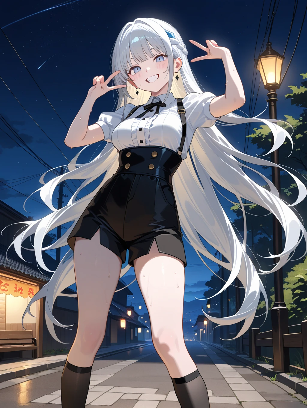 Masturbating, white hair, black dress, 18+, not wearing skirt, not wearing panties, show pussy, show asshole, city background, leak water form asshole