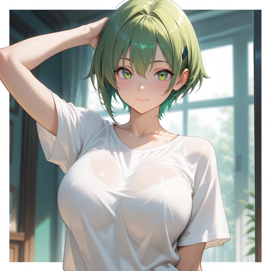 (Wallpaper,8k), (masterpiece, beautiful lighting, vibrant, best Quality), 1 woman Brown haired green eyes, solo, short black hair, Messy hair , tank top, indoor, night