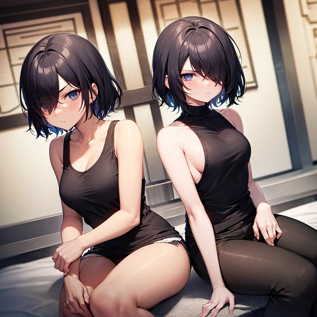 Hinata Hyuga,Meisterwerk, (Tanktop),Skinny Jeans, Seductive face, gute Beleuchtung, Ausschnitt, Kleine Details, Meisterwerk, Leuchtende Augen, 1girls, schwarzes Haar, im Gesicht, Glyzinien-Hintergrund, Meisterwerk, best quality, Half body, Erotik,big Breasts, SeaArt 2.1