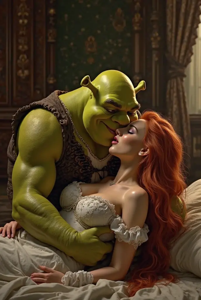 Shrek lying together with a naked girl with big breasts and erotic face lusts