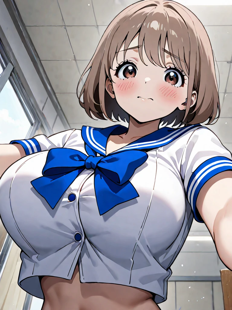 masterpiece, highest quality, Super detailed, Very detailed,figure, One girl, alone, Takao, , Braiding, (huge :1.2),(busty)l bust),Hourglass Shape,Open your mouth,Upper Body,blush, Embarrassing, School, Outdoor, wood, blue sky,slender,delicate,Large breasts,Bresible thlothing,(Big Tits),(Beautiful roun1.1),(breast focus:1.4),Put your hands r chest,breast close-up,from below,(chest protrforward),((shirt lift)),(show off bra:1.1),(color bra),toned stomach