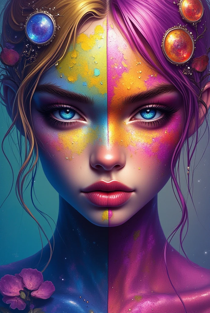 a girl, melting skin, sacred geometry, surreal futurism