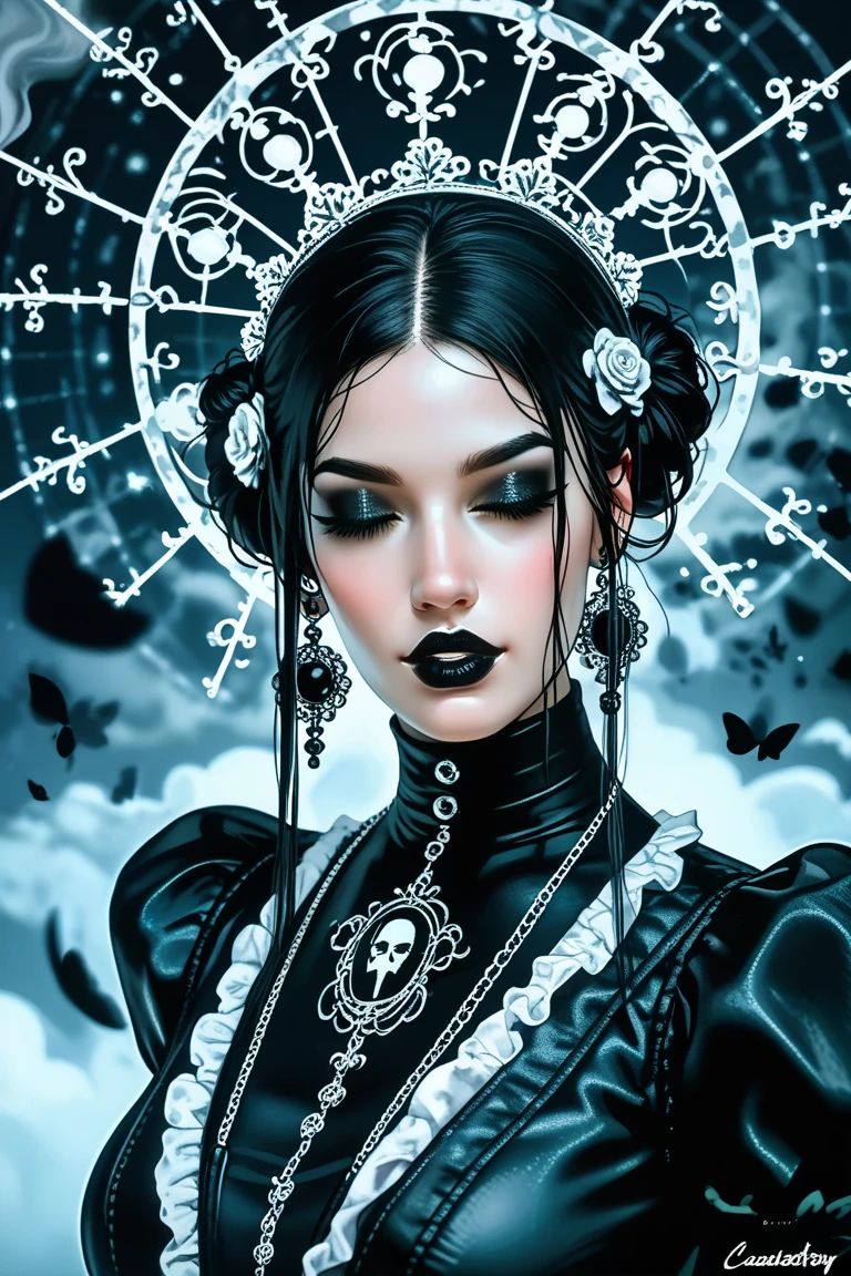 spiderwebs, skulls, wallpaper, there is ugliness in beauty, but there is also beauty in ugliness. desolate, abstract, surrealistic, cotton candy, swamp, funeral, futuristic,in the style of adrian ghenie, esao andrews, jenny saville, edward hopper, surrealism, dark art by james jean, takato yamamoto, inkpunk minimalism, voodoo princess with black hair and black eyes, skinny and extremely beautiful face
