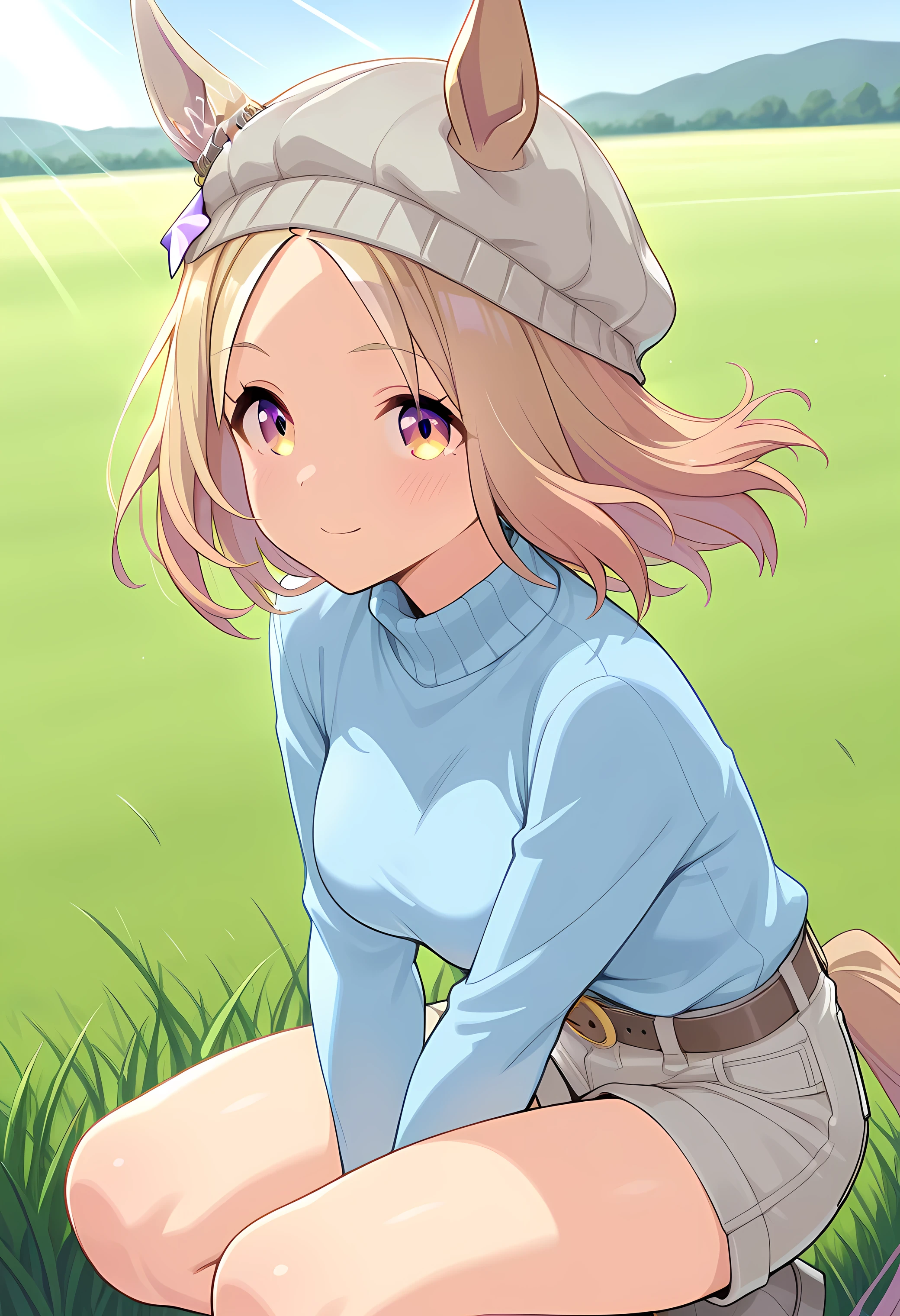 narita top road \(umamusume\),grey boots, horse tail, grey shorts, horse ears, beanie, long sleeves, medium hair, sweater, ears through headwear, belt, , star hair ornament, grey headwear, blue camisoleCelestial road,(((masterpiece))),(((detailed)))((best quality)),((hyper detailed)),(beautiful),((shinythighs)),(((shiny skin))),(high quality skin),((8k)),((high resolution)), floating hair,squatting,own hands together,little smile and little blush, close mouth, day, grass, field, spring, natural lighting, sunbeams, afternoon light, bright light, direct light, light sparkles, god rays, from side, high angle, eye level shot, cowboy shot, looking at viewer, anime girl, solo,