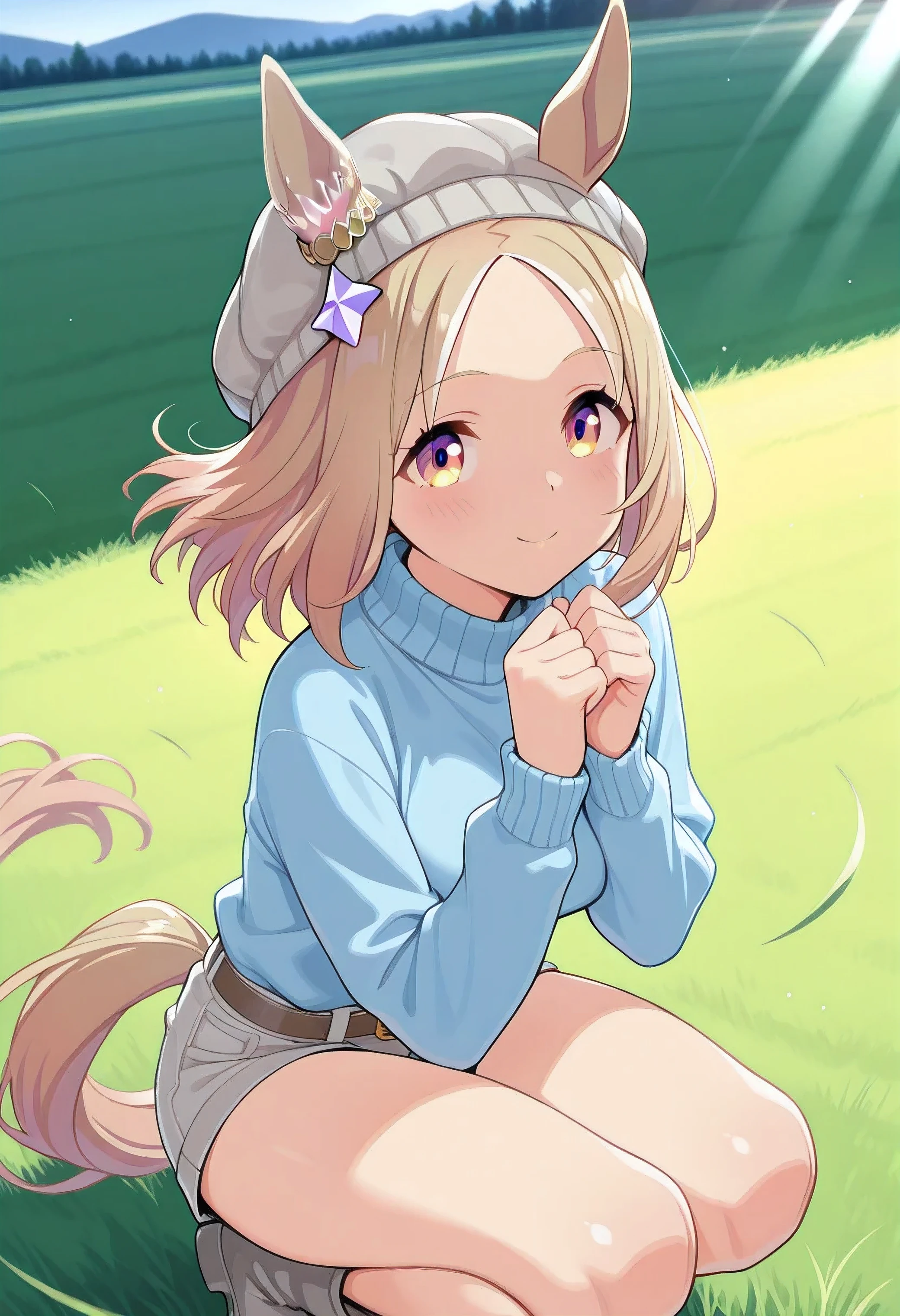 narita top road \(umamusume\),grey boots, horse tail, grey shorts, horse ears, beanie, long sleeves, medium hair, sweater, ears through headwear, belt, , star hair ornament, grey headwear, blue camisoleCelestial road,(((masterpiece))),(((detailed)))((best quality)),((hyper detailed)),(beautiful),((shinythighs)),(((shiny skin))),(high quality skin),((8k)),((high resolution)), floating hair,squatting,own hands together,little smile and little blush, close mouth, day, grass, field, spring, natural lighting, sunbeams, afternoon light, bright light, direct light, light sparkles, god rays, from side, high angle, eye level shot, cowboy shot, looking at viewer, anime girl, solo,