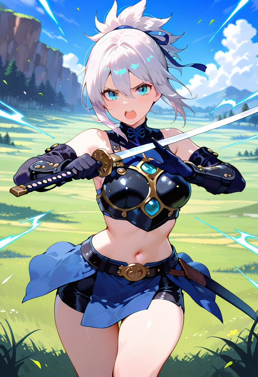 (Very delicate and beautiful in 8K、Dynamic Angle、​masterpiece、top-quality、depth of fields:1.0)、One Woman、Dainty beauty、22year old、[Dye cheeks]、(Beautiful glowing skin、Beautiful expression、detailed facial features、Features of a beautiful body:1.0)、Blue eyes、(Detailed beautiful gray hair、white  hair、hair between eye、poneyTail:1.0)、(Bare shoulders、Navel Ejection:1.2)、Dark blue costume、battle costume、boobplate、pleatedskirt、waist side armor、knee boots、Fantasy worldview、Expression of anxiety、(in fighting、battle posture、holds a sword:1.3)、(Battlefield at dusk、Beautiful flower and meadow landscape:1.3)