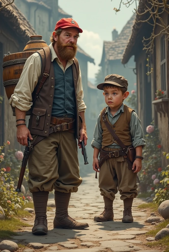 ((((9-year-old)) David)), strong, rustic boy, freckles all over his face, ((scared expression)), ((blonde hairstyle of the 1340s))