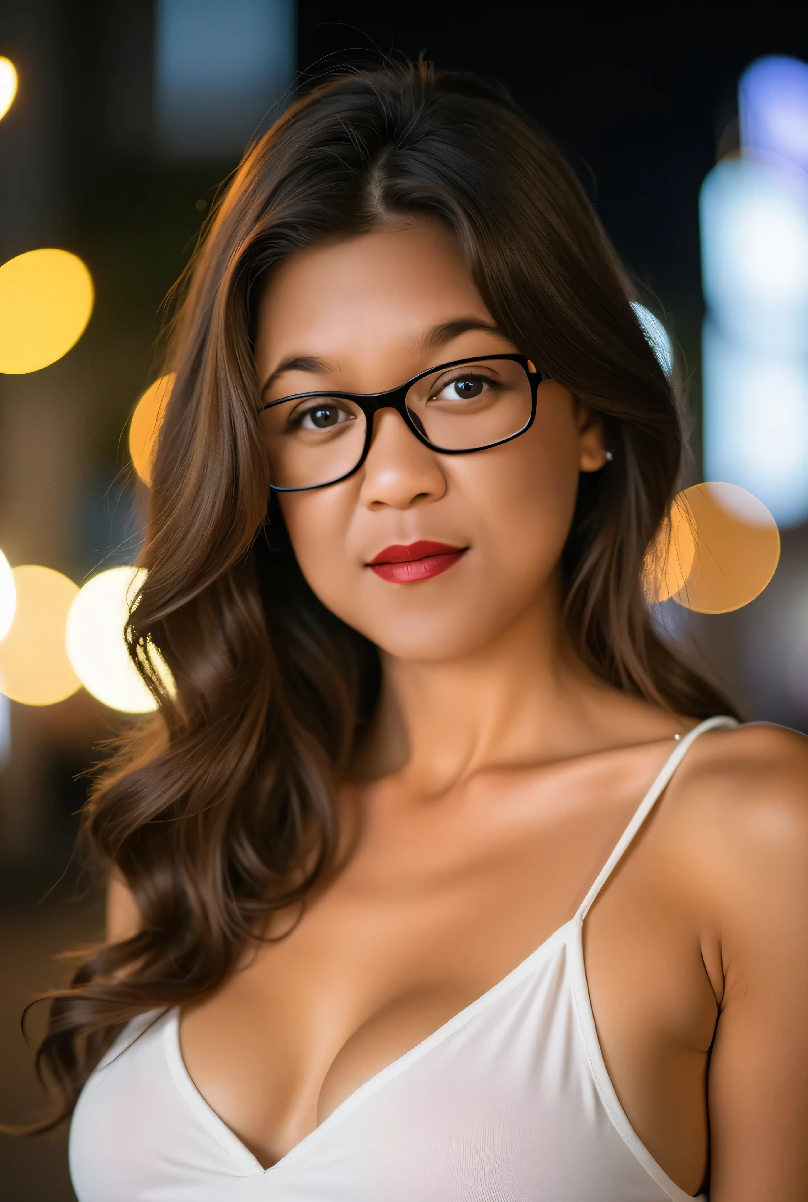 smiling, Caucasian woman with glasses and a black top posing for a picture, masterpiece, anatomically correct, textured skin, super detail, high details, high quality, highres, 16k