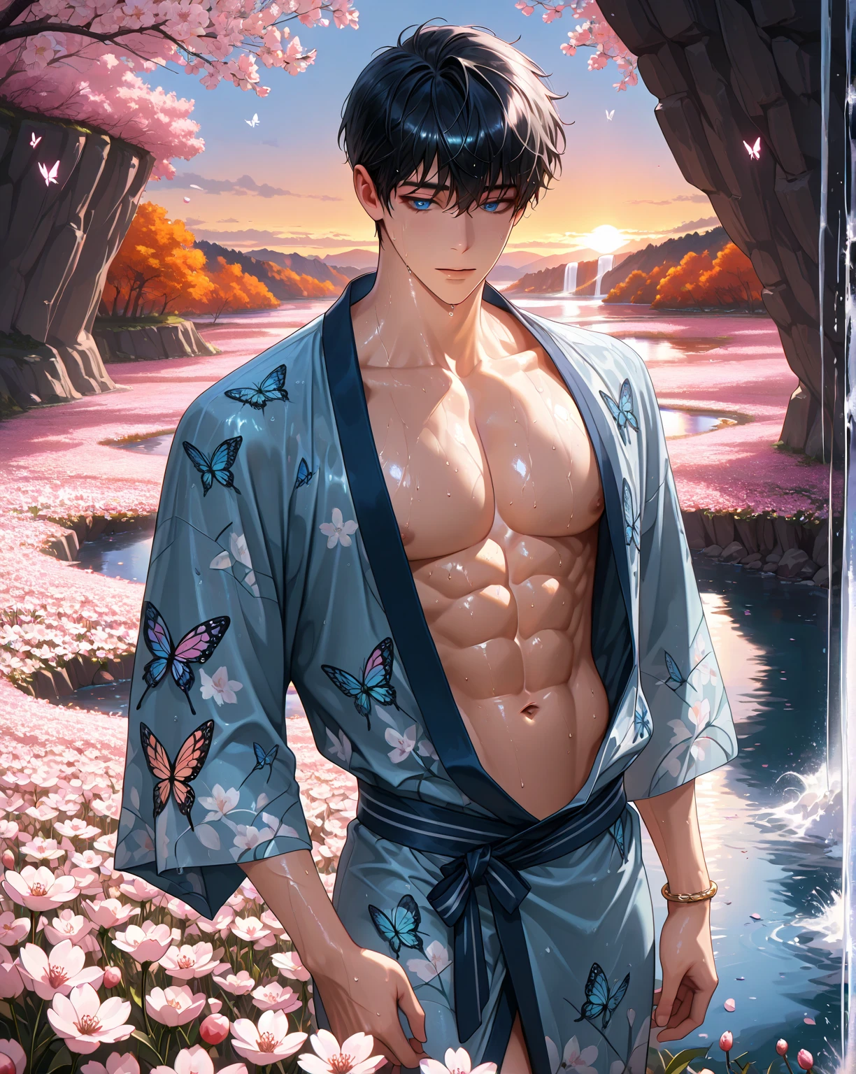 absurdres, highres, ultra detailed, HDR, master piece, best quality, extremely detailed, Fushiguro Touji, straight black hair, expressive green eyes, Jujutsu Kaisen, solo, sexy man, handsome, sensual, smile, toned chest, bare chest, without shirt, white baggy pants, fantasy, sparkling, silver glittering fireflies, silver blossoms, silver chrysanthemums, silver sparkling lights, room, silver petals, magical