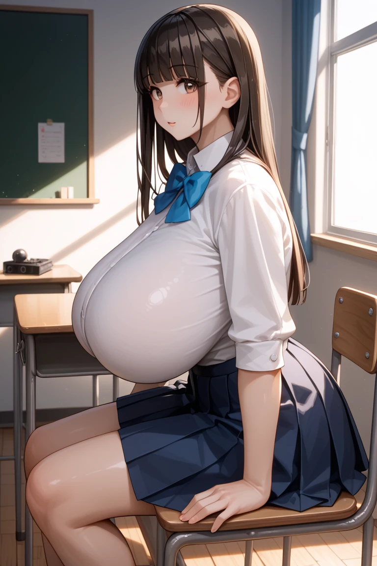 masterpiece, best quality, super detail, 4k, 1girl, 18 years old, tall, serious expression, mature face, class president, school uniform, shirt, tie, plaid skirt, long straight black hair, hime cut, straight bangs, ((busty)), (dynamic pose)