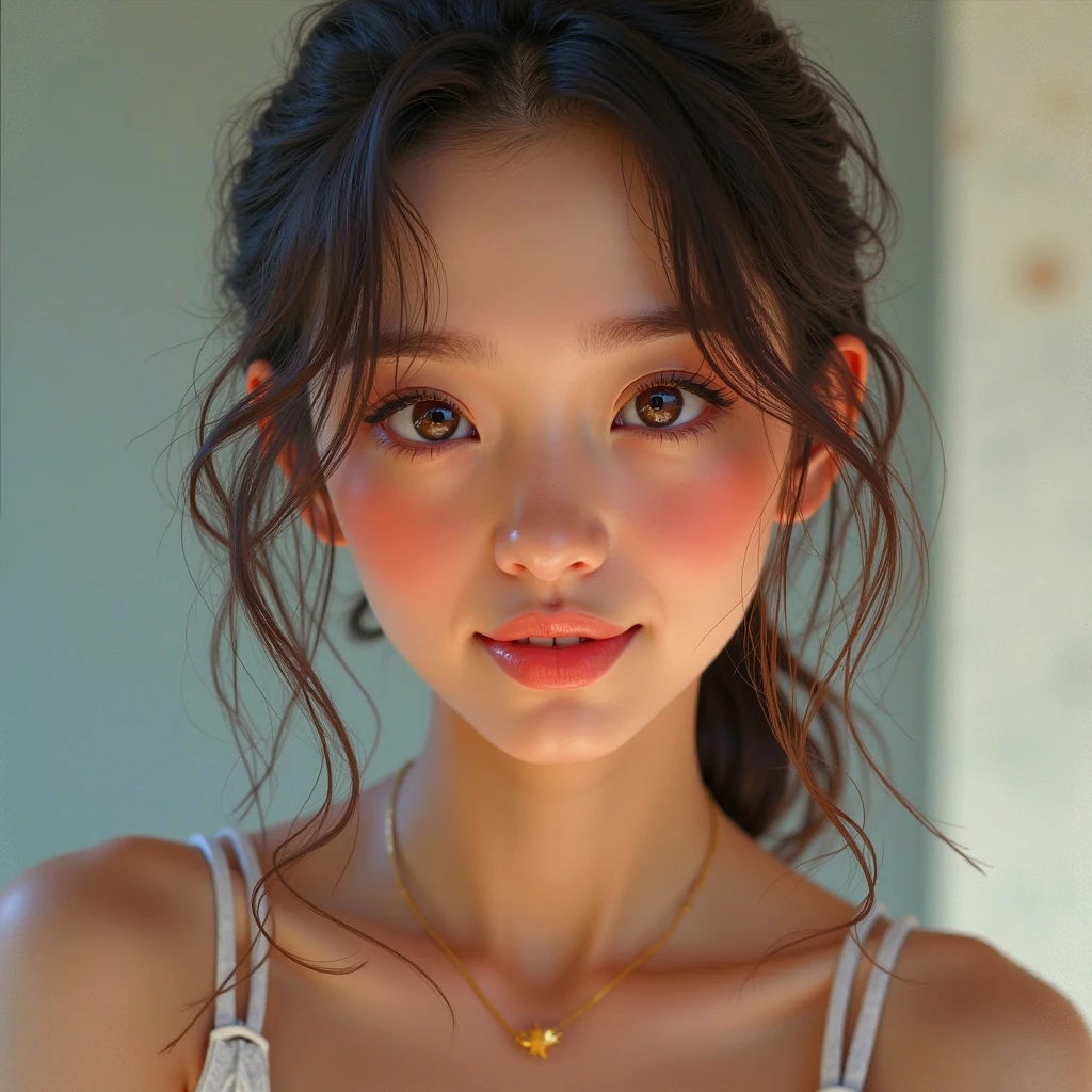1 person, alone, Beautiful Skin, very detaileded, ultra detaileded, Ultra-high resolution, (Photorealism:1.4), (Highest quality), (Best Shadow), detailed, Perfect lighting, Black Hair:2, ((Showpiece, Highest quality, High precision)), one person's, (Realistic: 1.4), (look up at the camera even a little, カメラをlook up, look up, look up at the camera, Looking into the camera))), alone, White Background, snow-White Background, shut up., smile, pretty Black Hair:2, short hair:1.6, Big eyes, Beautiful double eyelids, eyelash, listen, Long neck, 美しいLong neck, Absolute area, ((Face close-up, short hair with bangs、Short Bob Hair:1.5、Off the shoulder)), 1, Attractive proportions, Shiny skin, Beautiful clavicle, Golden ratio face, Perfect Face, Teardrop-shaped mole, Mole on chest, bangs, clean bangs, beautiful bangs, Lip gloss, Thin lips, White skin, I took off my clothes, Small face, Small face, 少し上を向いてLooking into the camera, ((smile a little for the camera, Beautiful background with vibrant paint, Listen carefully, big 胸、Dynamic Angle:1.5、Workplace Safety:2))