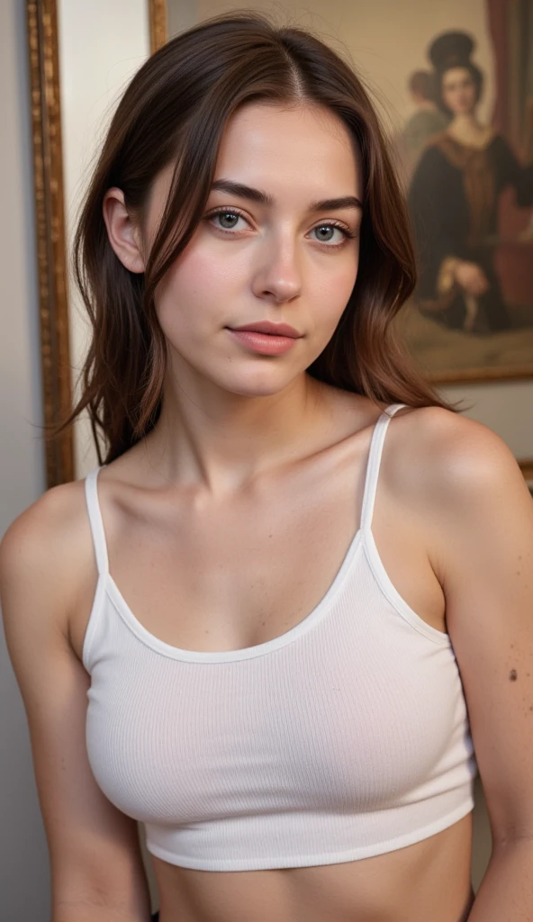 beautiful average looking woman, pensive expression, dd natural breasts, nice thin body, naked, hairy pussy:1.5, huge dark pubic hair, pale skin, pale nipples, ((leaning forward)), (looking at the camera:1.4), (highest quality), (best shadow), intricate details, interior, brown hair:1.3, dark studio, muted colors, freckles, lazy eye