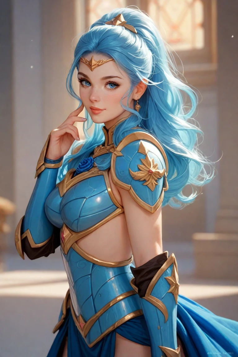 8K,Close-up of a woman in a blue and white dress、blue hairs, Super beauty,(Like the real thing)Big open-mouthed smile,Blue eyes,poneyTail,Chengwei Pan on Artstation、 Yang J 作、 Detailed fantasy art、Stunning character art、 Fan Art Best Art Station、 Magnificent exquisite character art、 Beautiful armor、Highly detailed Artgerm、 Detailed Digital Animation Art、 Artgerm on ArtStation Pixiv、 Girl in Armor,dynamic ungle,超A high resolution,a smile,real looking skin,enticing,A sexy,Active,