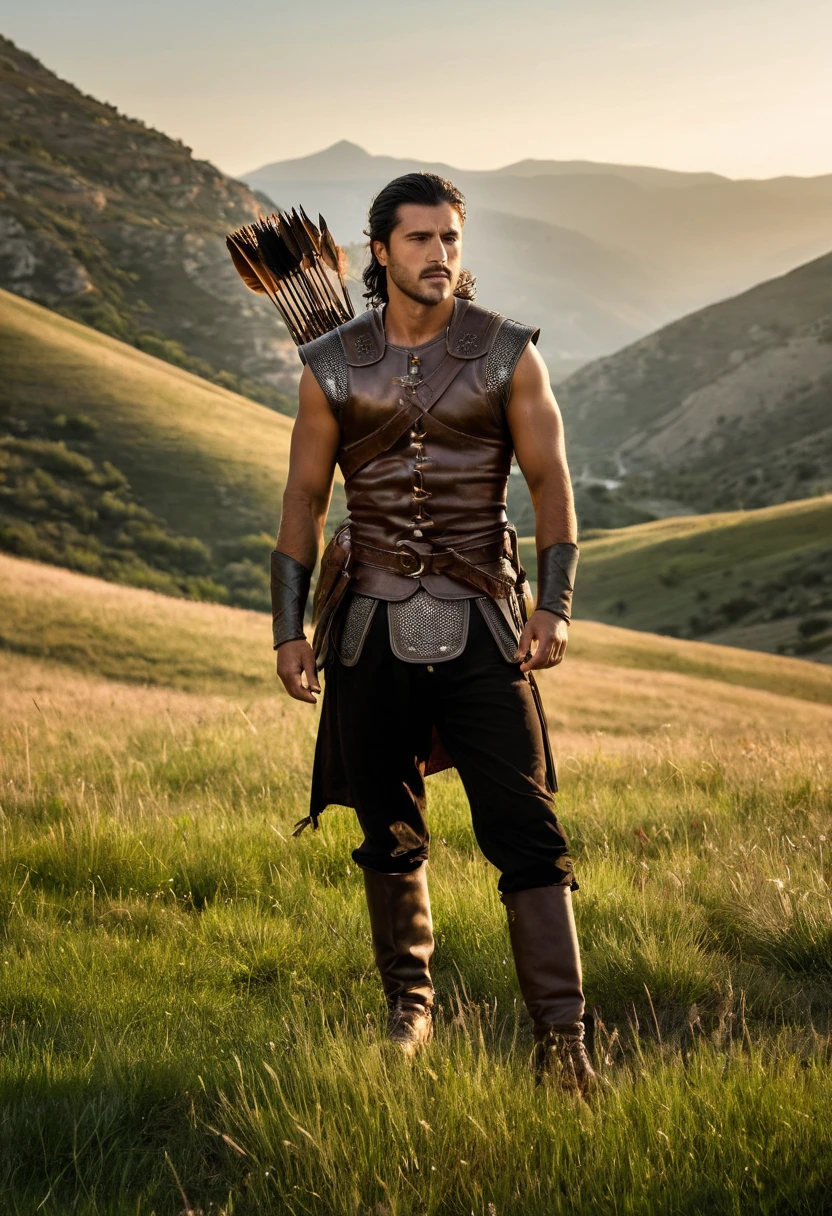 Dystopian style h3nryk4v1l , de corpo inteiro, bare feet in a shallow river, Facial hair, olhos cinzentos, vestindo roupas tribais e de gladiador, em postura de combate brandindo uma grande espada, filme ainda, action photo . Desolador, Post-apocalyptic, sombrio, dramatic, altamente detalhado