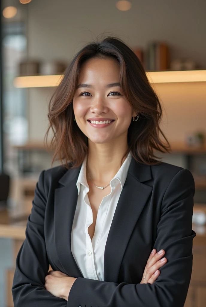 Office lady using generative AI、Image size is 1200px wide and 628px high.
