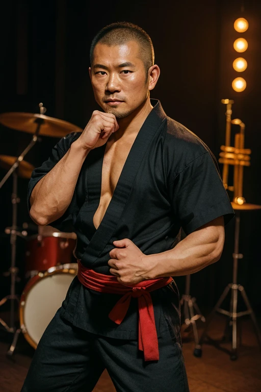 A strong and handsome Japanese man, muscular body, wearing a traditional red fundoshi, shaved head with slightly grown hair, standing proudly in a traditional Japanese room, warm lighting, cinematic shadows,masterbate