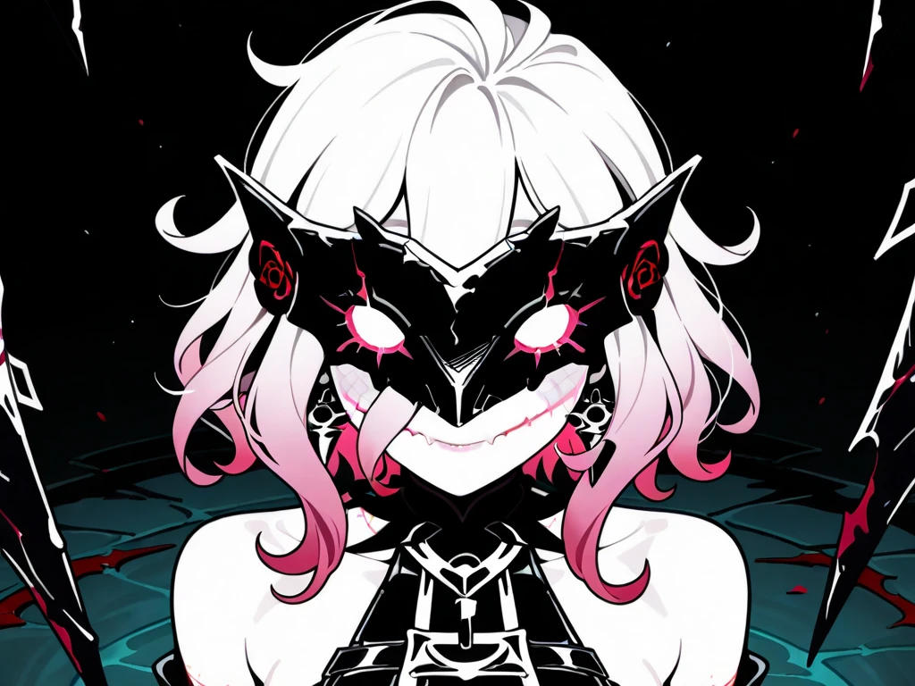 Highest quality, (Background details), High Contrast, One very beautiful woman, Detailed original illustrations、Functional、Delicate face、Ninja、Ninja costume、scarf、mask、Alluring、Villainess、sexy、Small breasts、Real breasts、Crazy Smile, Crazy Eyes, Head close-up, Black Robe, Black background, (Black background: 1.5), Beautiful line drawing、Monochrome