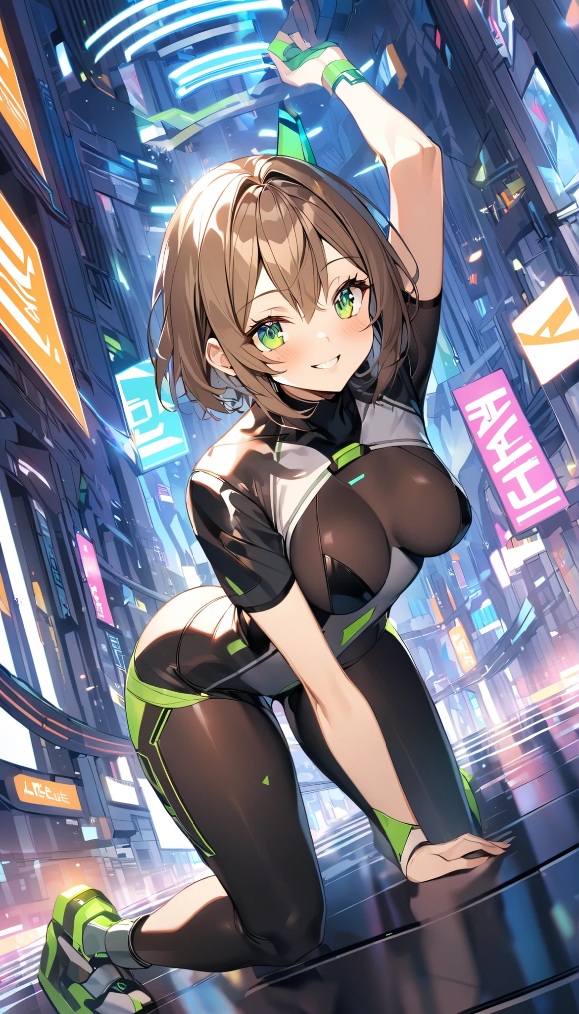 1teen_girl, kneeling with one hands on the ground solo, short hair, brown hair, short sleeves, (thin_bodysuit), robot ears, green eyes, short sleeves, short over long sleeves, bare_thighs,smile, in futuristic city, , high quality, medium_breasts,crotch, slouch,groin,dynamic_angle,open_legs,