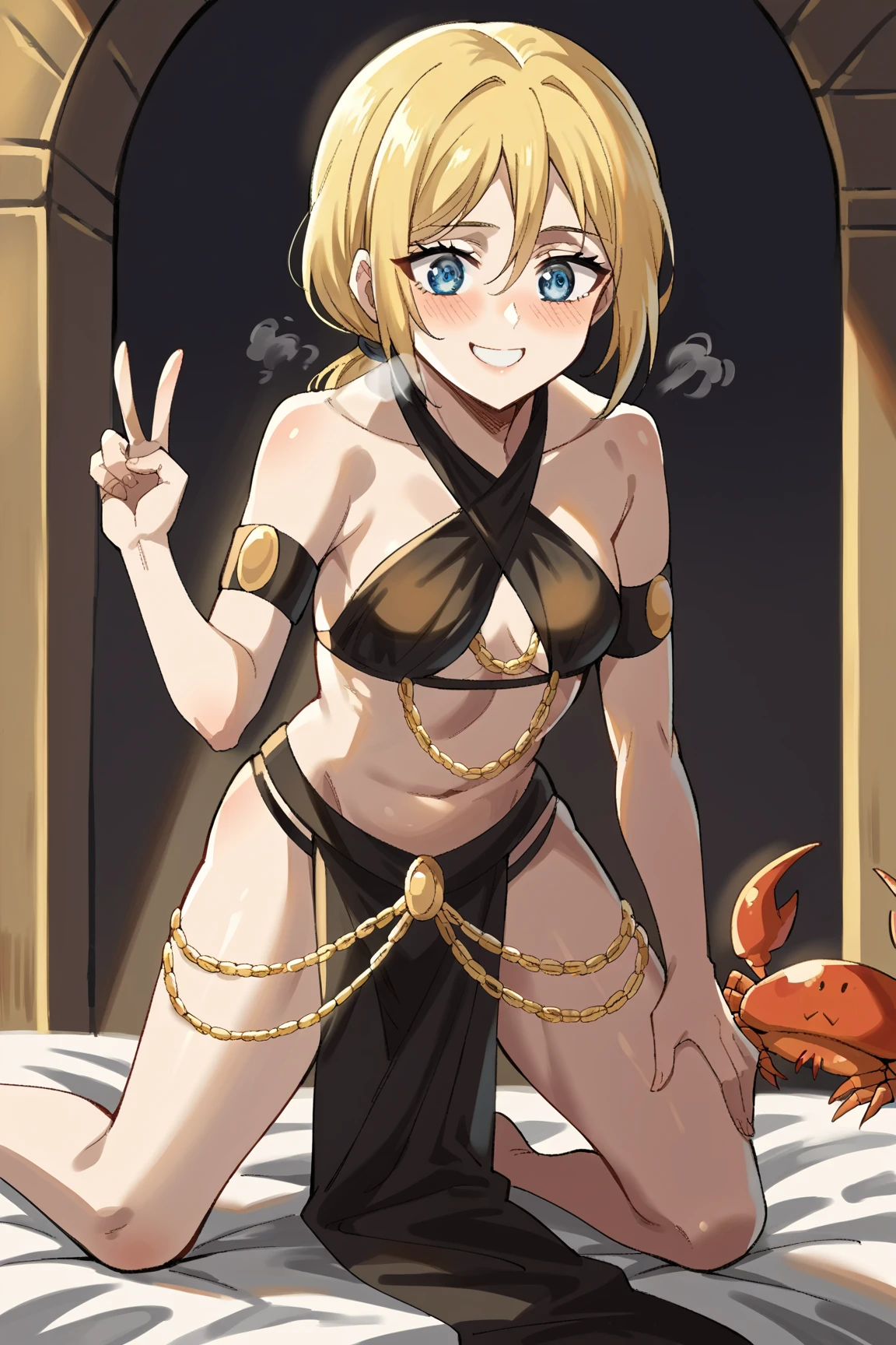 1girl,solo,breasts,looking at viewer,smile,short hair,blonde hair,large breasts,dress,holding,bare shoulders,((bathroom)),yellow eyes,dark skin,black dress,dark-skinned female,halterneck,bob cut,tiara,staff,shawl,showgirl skirt,egyptian,hagoromo,ankh <lora:elize:0.6>