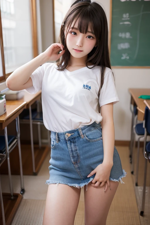 Highest quality、8K、Elementary school girl、Big Breasts、、Horizontal bar、Forward upward circling、Loose Fit T-Shirt、Knee Up、Spread your legs, Denim shorts,black knee high stockings、Provocative facial expressions