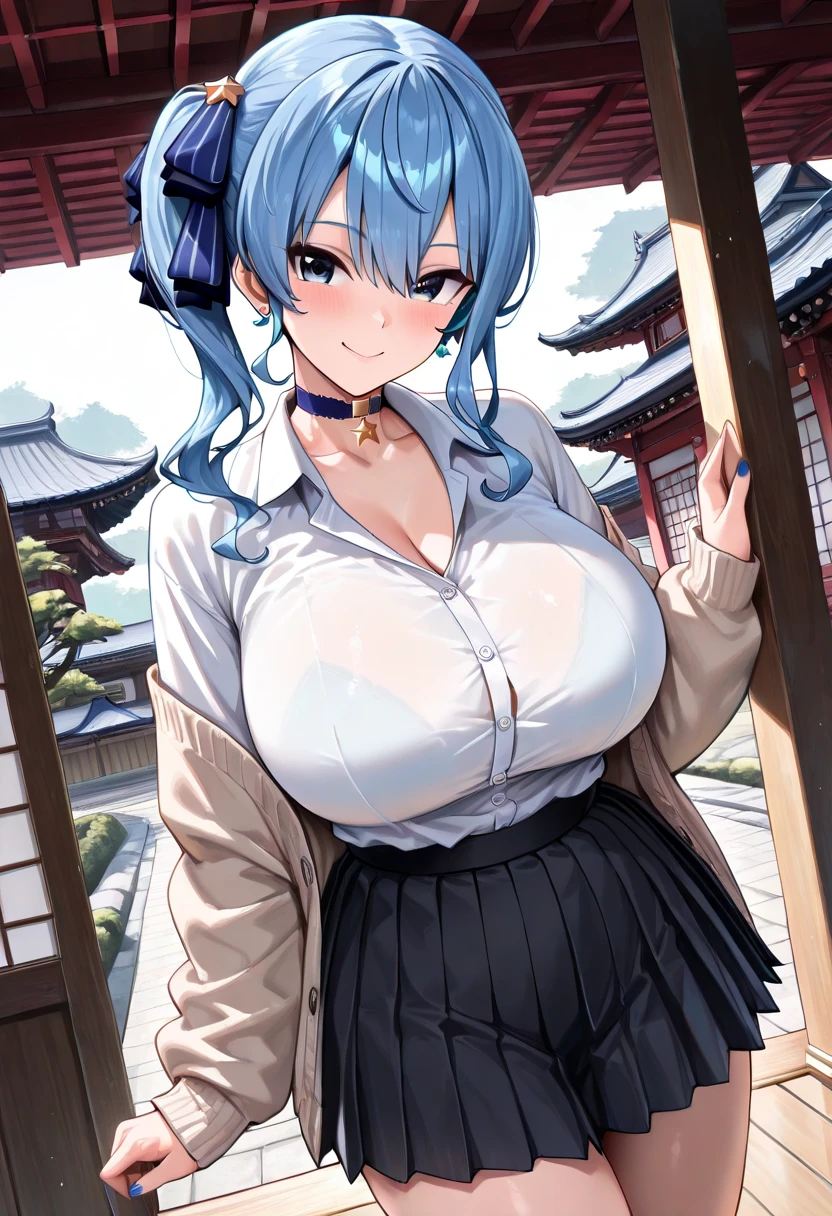 Angry, Glasses, old woman, light blue hair, yellow eyes,, night, big "Shihakusho black and white" shinigami, MILF, Wavy hair , Japan city background, cleavage, Crossed arms. ","relaxed hair" "City with old wooden houses in the background" "it was edo" big breasts, sweating, Blushing. Ass, espalda 