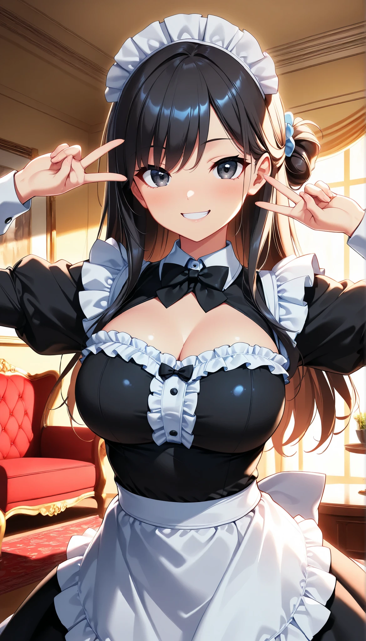 masterpiece、top-quality、Full body drawing、(NSFW)、Little devil beautiful girl、Transcendent Cute Girl、Extraordinary beauty、a beautiful slender girl、Glamour Beautiful Girl、woman samurai、Dining hall、((Dressing、Dressed in costume))、(maid clothes:1.5)、(Maids)、((European Classic Made))、(White and black costume:1.1)、(knee high socks:1.4)、(garterbelts:1.8)、Lifting the hem of the skirt with one hand、Poses that show off 、Panchira、A glimpse of underwear、Greeting、A smile、Mean and evil smile、a small face、((Very cute and beautiful girl、Beautiful face and eyes、Beautiful hair、A dark-haired、Hair reaching down to the waist、long pony tail))、(.beautiful detailed dress with many frills:1.1)、Skirtow the knee、Viewer's Perspective、独奏、1womanl、(Full body drawing)、dynamic ungle、Transcendent Cute、large protruding nipples、veryareola、(Colossal tiLong breasts、Attrve bust、Big bwith tension、perfect checking to costume、Bust that looks like the costume is about to be torn、Bust that bites into the costume、Heavy chest、Lustrous breasts、Bigger breasts than face、Biggeeasts thatball、breasts lhan watermelons、Big that overflow from the costuass、Attractive butt、skinny thigh、thin-waist、Thighs digging into socks