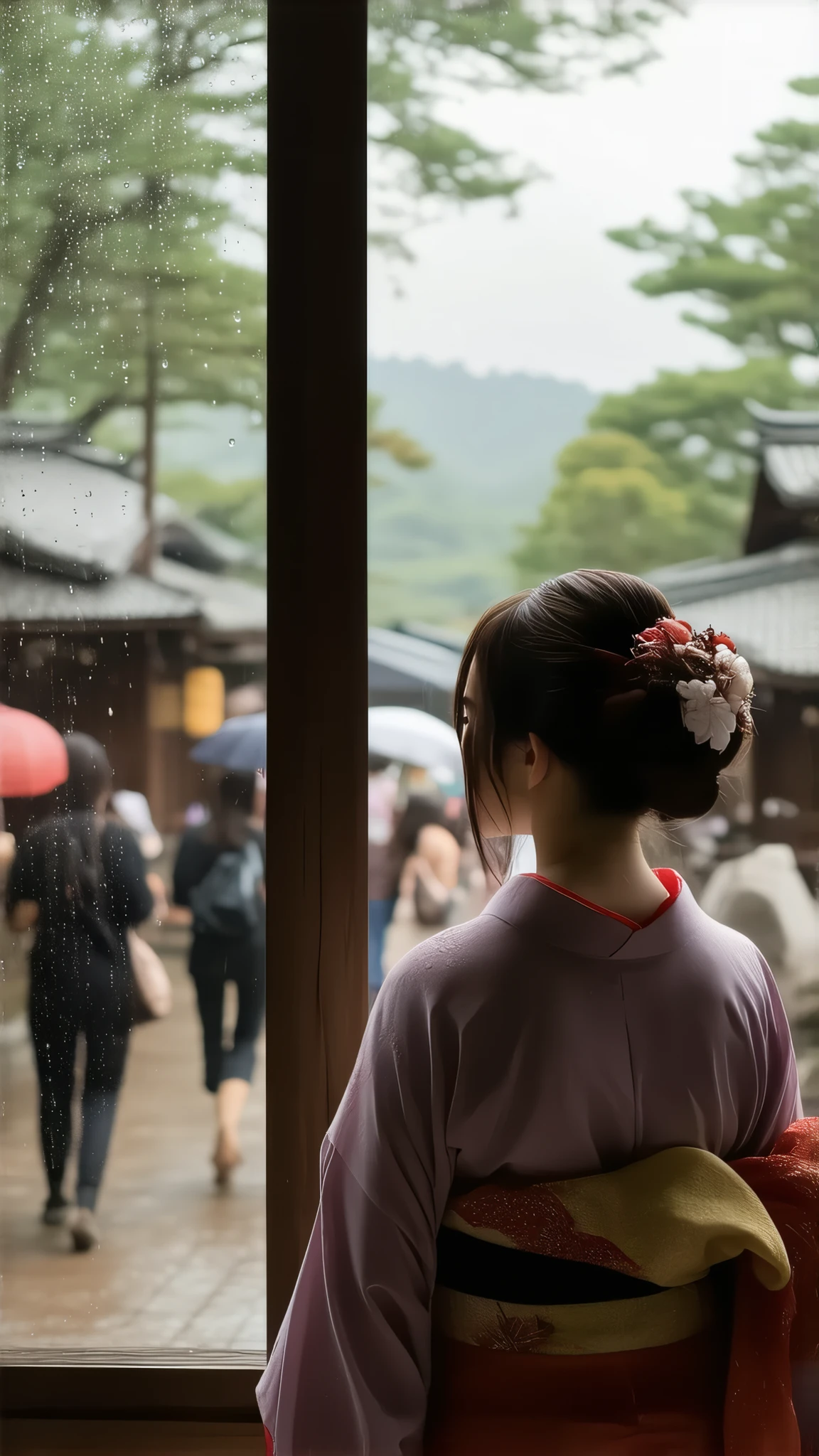 (Raindrops whisper through the window, Fantastic silhouette of the outside world seen through cloudy drops of water:2.0), best quality , HD Images, 16k, , very detailed, , delicate and dynamic, cute sexy girl, seductive, , back view of a beautiful busty Japanese woman in a kimono looking out of the rain through a window, (Raindrops passing through the window), Luxury hotel cafe,, glitter effect, silence, quiet,, Diffuse reflection of light, Dark rainy sky, , glitter effect, People walking down the street without umbrellas in the rain, a fantastic scene in Kyoto