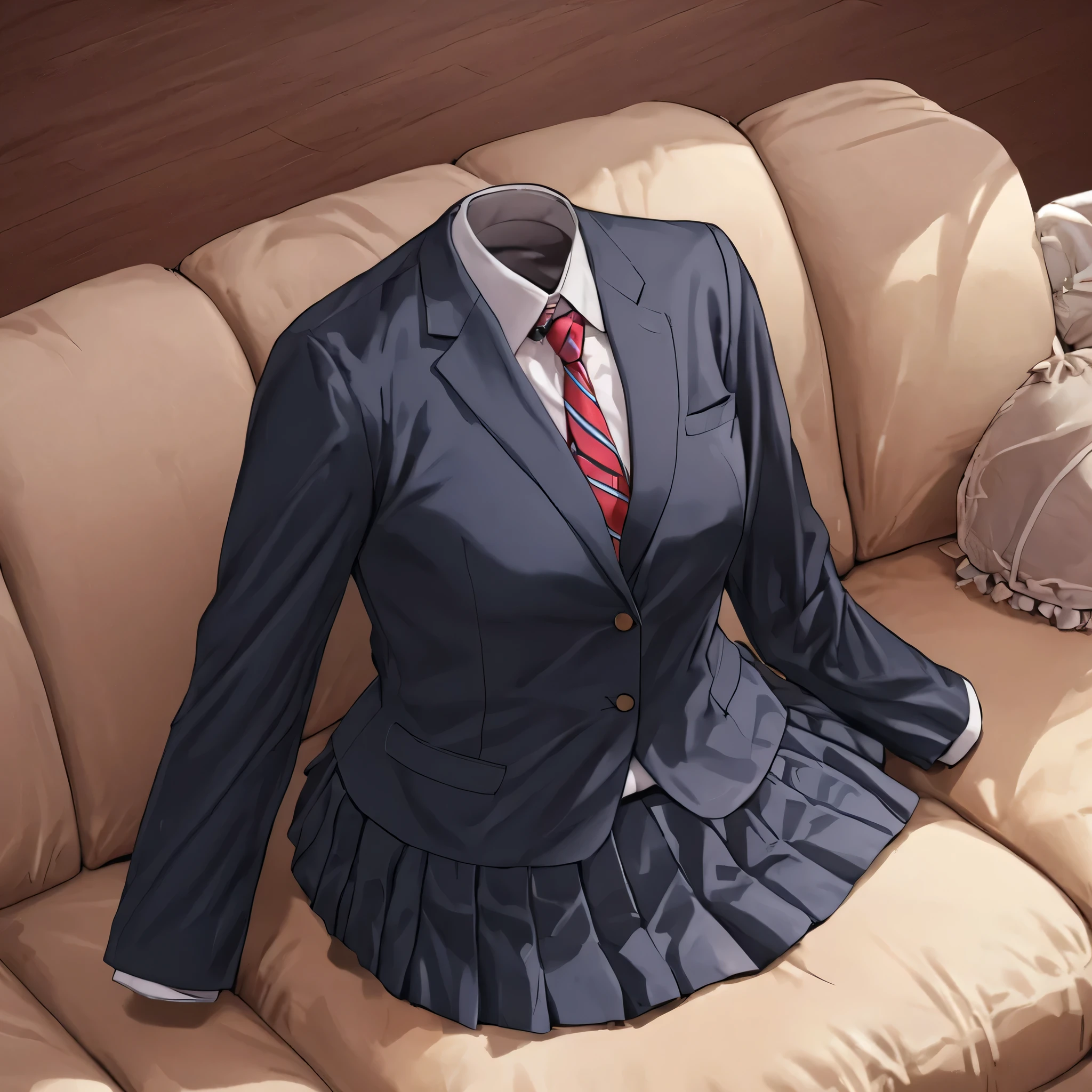 (invisible:1.5, no humans:1.5, headless:1.5, faceless:1.5), (jacket over school uniform, on sofa:1.2), (big breast), detailed cloth texture, detailed anime, super fine illustration