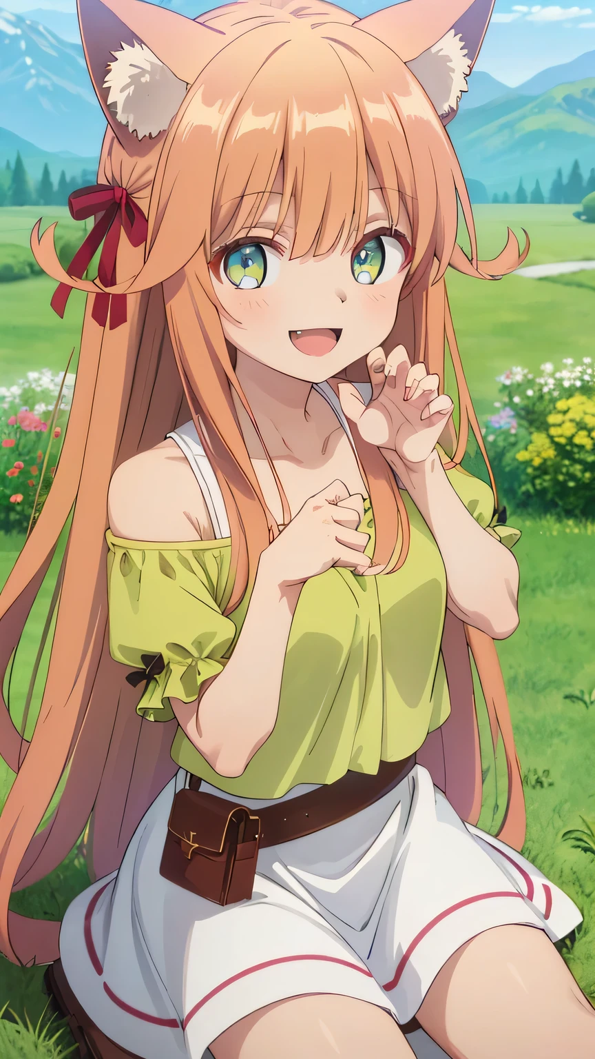 {{{masterpiece}}}, (best quality:1.5), (ultra-detailed:1.5), {illustration}, {{an extremely delicate and beautiful}}, (beautiful detailed eyes:1.6), absurdres, highres, extremely detailed face, 16k, hd, visual anime de uma jovem mulher, extremamente bonito rosto de anime, anime melhor garota, (perfect hands, perfect anatomy), anime face, Kanade(Beast Tamer), kanade, cute face, cat girl, cat ears, light brown hair, very long hair, bangs, sidelocks, red hair ribbon, Big eyes, green eyes,(High resolution eyes, Beautiful eyes, Light in the eyes), medium breasts, big hips, curvaceous, cat tail, BREAK, shoulderless shirt, off-shoulder shirt, clavicle, short sleeves, puffy sleeves, white dress, green shirt, brown belt, one pouch, white skirt, medium skirt, long boots, brown boots, BREAK, (claw pose:1.3), claw pose, smiling, open mouth, smirk, flushed cheeks, looking at viewer, outdoor, mountain, daytime, forest, flower garden, field, medium close-up shot