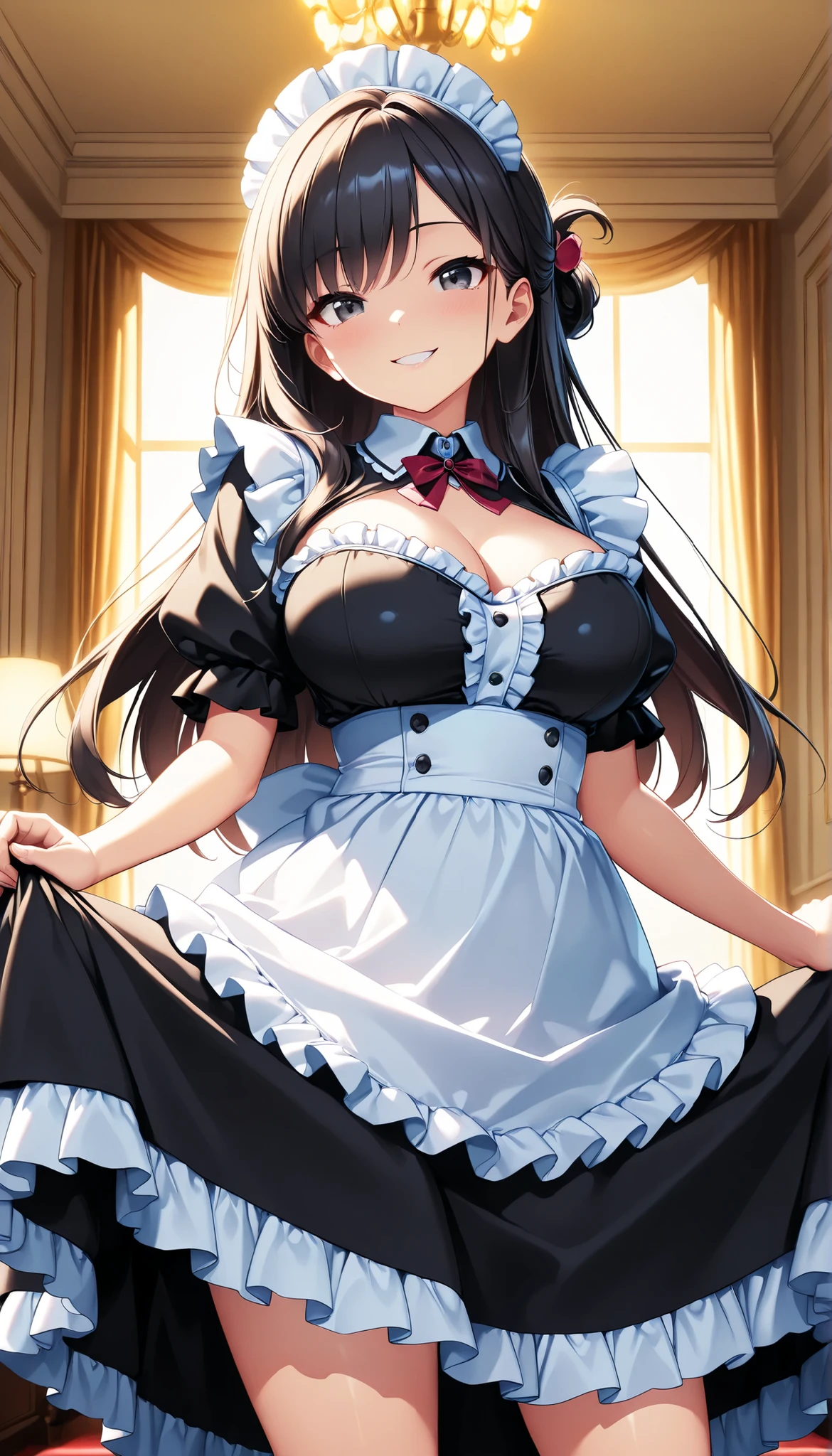 masterpiece, Highest quality, Super detailed, figure, Beautiful attention to detail, Twin girls, , cute, Detailed landscape, Wooden windows, Black Hair, Maid、Gothic ta、Underbust, White micro bikini, Cleavage, Big Breasts, See-through nipples、Naked Apron、Thighs、garter belt、White panties、obscene、Lewd、Have sex