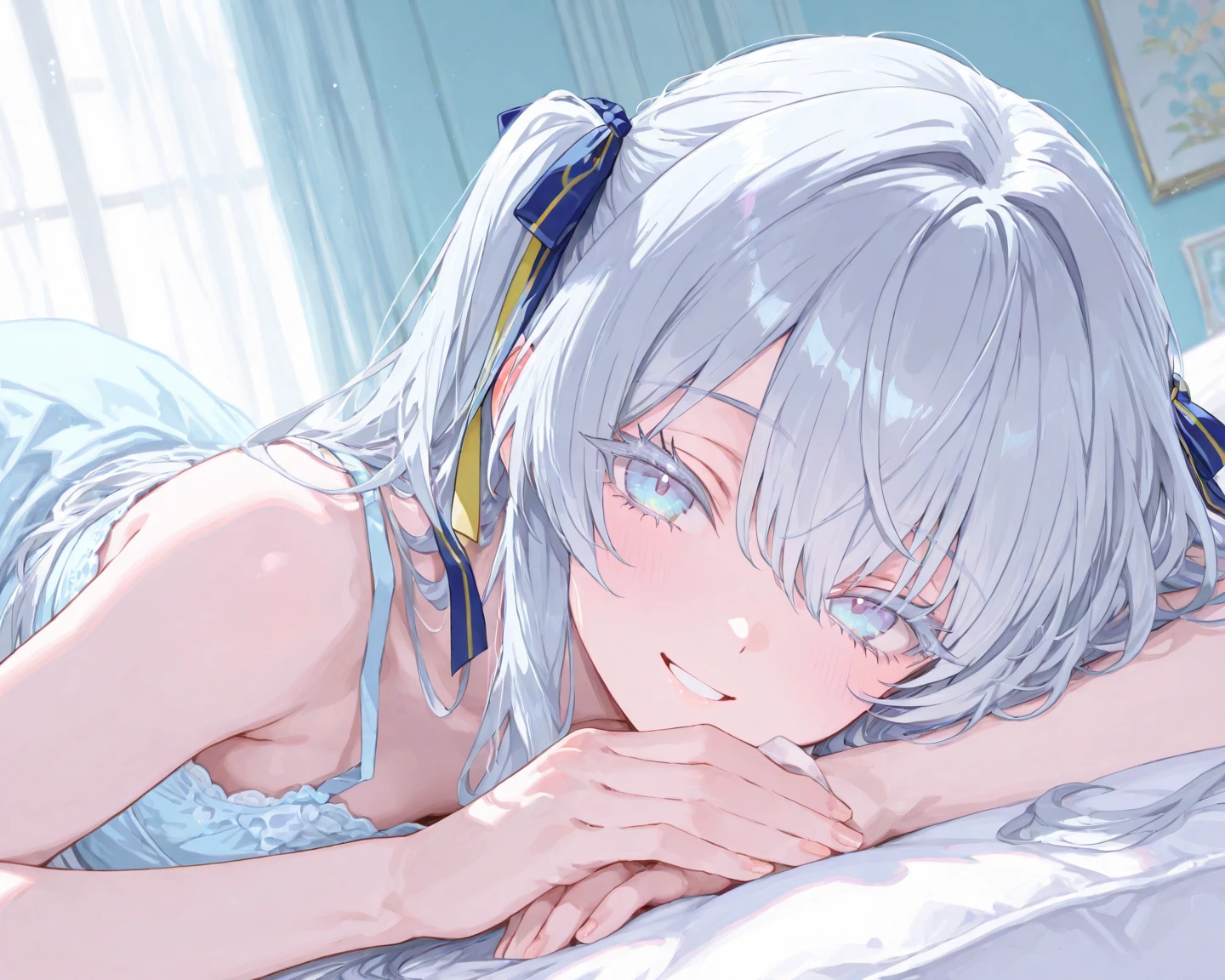 A girl，Sheer white shirt，Lying down，whole body，underwear，Small Breasts，Undo the buttons on your chest，Exposing nipples，There is a white viscous liquid on the body，Nipple protrusion，Double tail