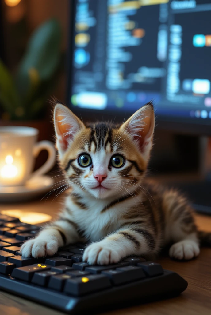  cute kitten、On the desk、Computer in background、Computer in backgroundのマウス、coffee on the background、The、is lying down with its stomach sticking out in the background {x} on the keyboard、viewers streaming out of their 